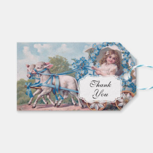 Vintage Girl in Carriage Traby Lambs Tack Presentetikett