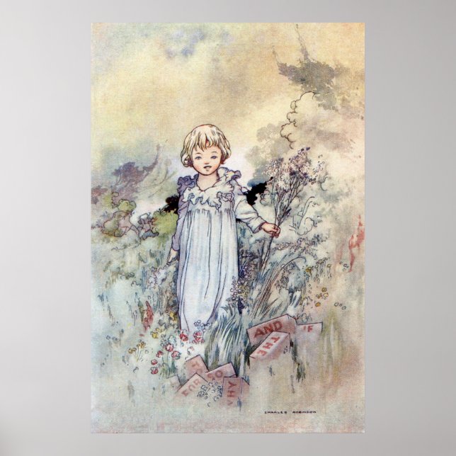 Vintage Girl in Garden av Charles Robinson Poster (Framsidan)