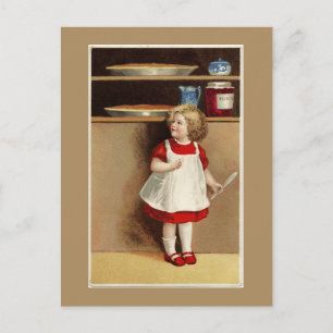 Vintage Girl in Red Dress and Pumpkin Paj Vykort