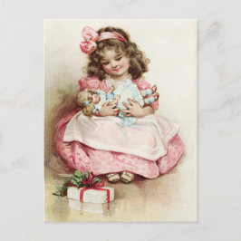 Vintage Girl in Rosa Dress with Doll Vykort