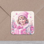Vintage Girl in Rosa with Gift Box Fyrkantigt Klistermärke<br><div class="desc">En liten vintage flicka i rosa som har en presentbox med bakgrunden snö och gräs träd. Tillsätt en söt eller nostalgisk vibe till dina julkort eller party-påsar!</div>