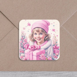 Vintage Girl in Rosa with Gift Box Fyrkantigt Klistermärke