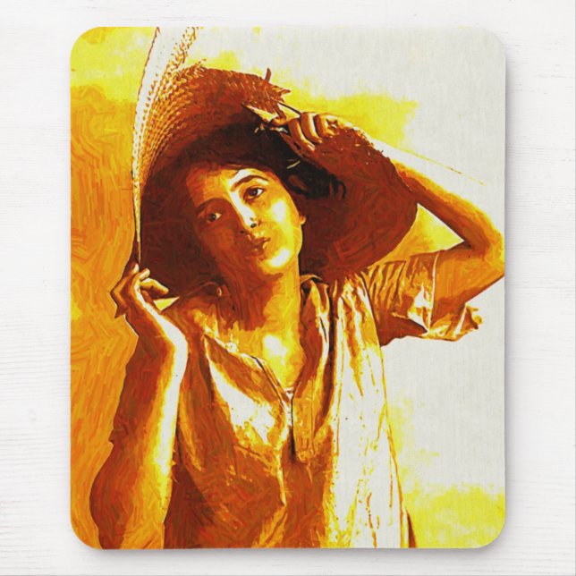 Vintage Girl in Straw Hat Mouse Pad Musmatta (Framsidan)