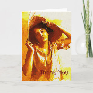 Vintage Girl in Straw Hat Tackkort Card