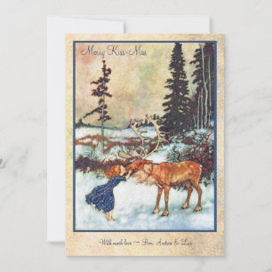 Vintage Girl Kissing Moose Card Julkort