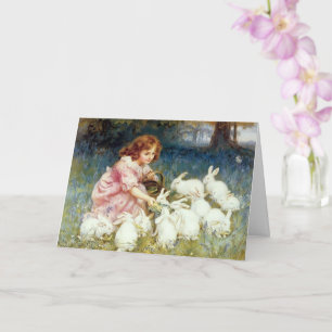 Vintage Girl Matar Bunny Rabbits Påsk Card Kort
