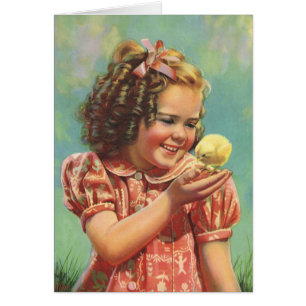 Vintage Girl med Baby Chick, Lycklig Child Smiling Hälsningskort