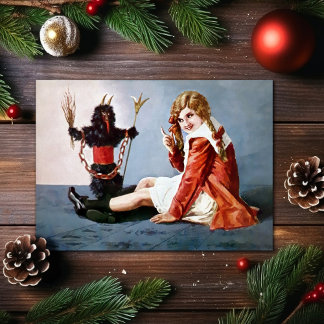 Vintage Girl med Krampus-julkort Helgkort