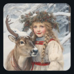 Vintage Girl med Reindeer Fyrkantigt Klistermärke<br><div class="desc">En underbar liten vintage saknar hennes renar ute i skogen snö på jul. Vi hoppas att ni tar bort detta helgdag-klistermärke och lägger det på många gåvor och paket.</div>