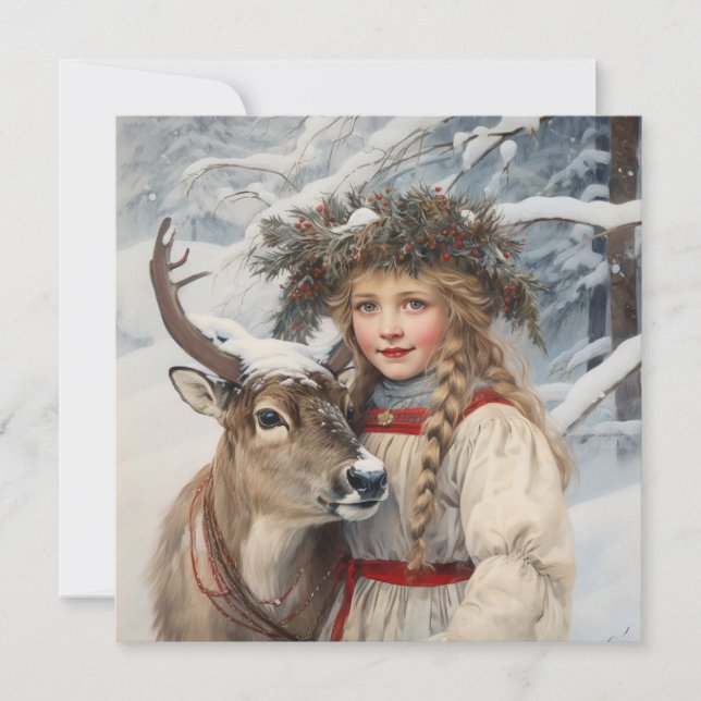 Vintage Girl med Reindeer-julkort Julkort (Framsida)