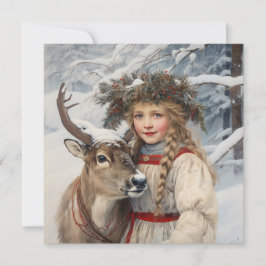 Vintage Girl med Reindeer-julkort Julkort
