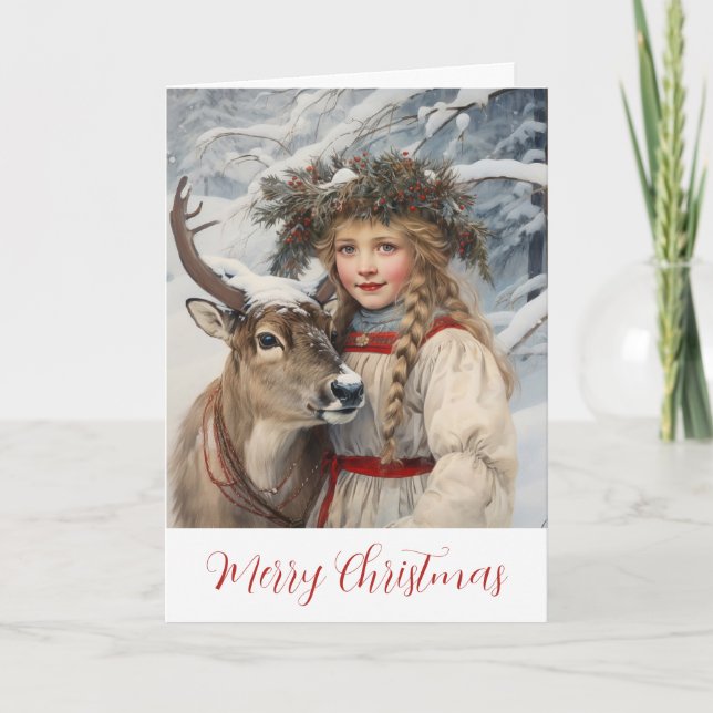 Vintage Girl med Reindeer-julkort Kort (Framsida)