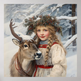 Vintage Girl med Reindeer Poster
