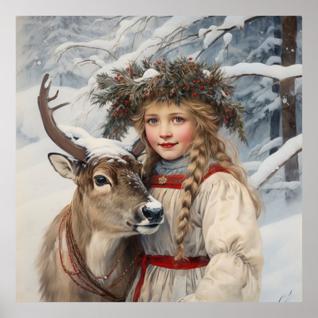 Vintage Girl med Reindeer Poster (Framsidan)
