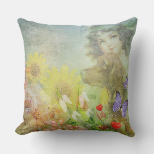 Vintage Girl och hennes Hund Decor Pillow Kudde