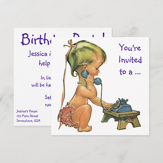 Vintage Girl på Mobil, Födelsedagsfest inbjudan (Fram/baksida)