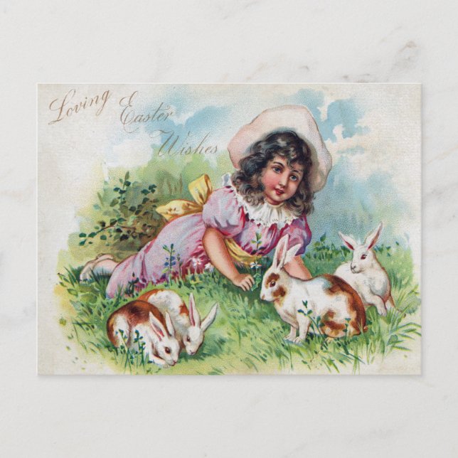 Vintage Girl Rabbits Antique Påsk Helg Vykort (Framsida)