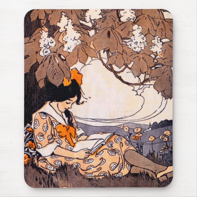 Vintage Girl Reading under a Träd Musmatta (Framsidan)