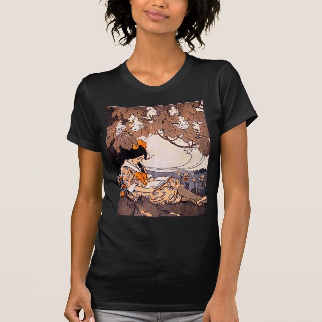Vintage Girl Reading under a Träd T-shirt (Framsida)
