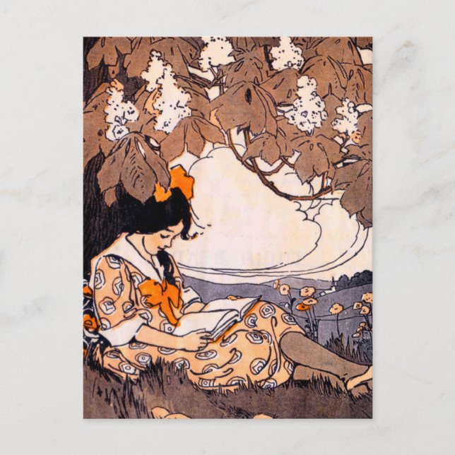 Vintage Girl Reading under a Träd Vykort (Framsida)