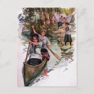 Vintage Girl Scout Campers Canoeing Postcard Vykort