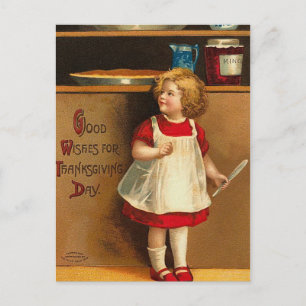 Vintage Girl som väntar på Thanksgiving Paj Helg Vykort
