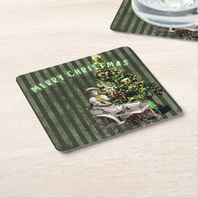 Vintage Girl & Träd Helgdag Scene Underlägg Papper Kvadrat (Vinklad)