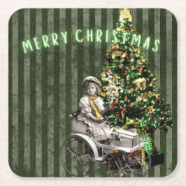 Vintage Girl & Träd Helgdag Scene Underlägg Papper Kvadrat
