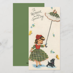 Vintage Girl Walking Hund Mor's Day Julkort