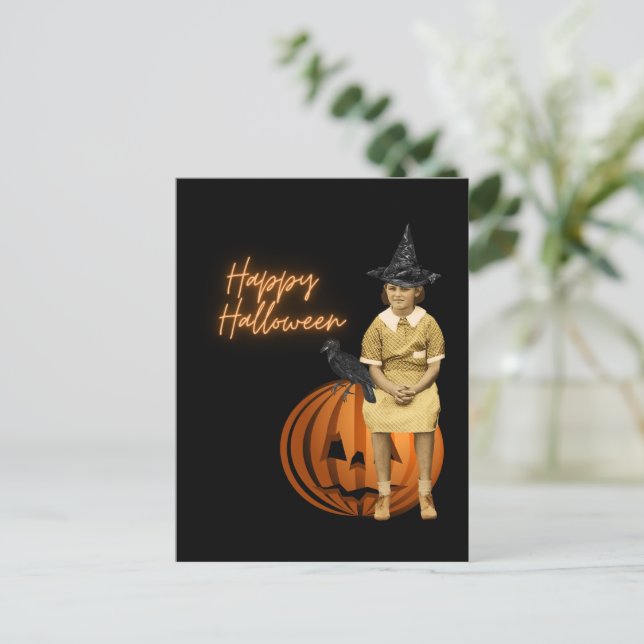Vintage Girl Witch Halloween Vykort (Stående Fram)