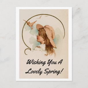 Vintage Girl with Birds Vykort