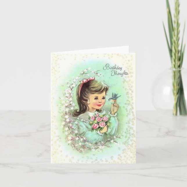 Vintage Girl with Birthday Card Kort (Framsida)