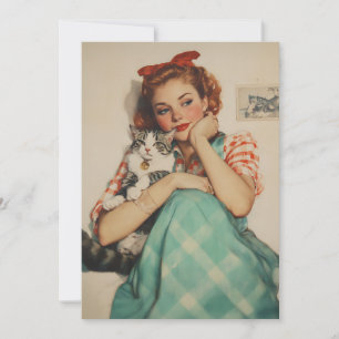 Vintage Girl with Cat Inbjudningar