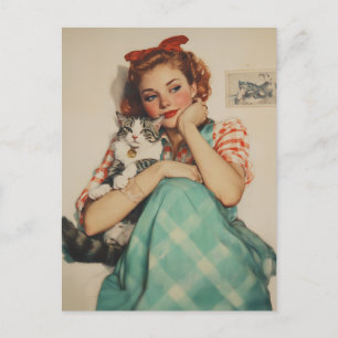 Vintage Girl with Cat Vykort