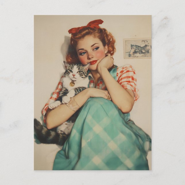 Vintage Girl with Cat Vykort (Framsida)