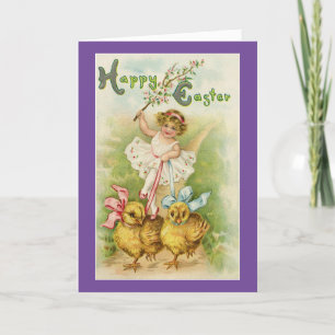Vintage Girl with Chick Påsk Card Helgkort