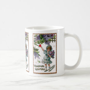 Vintage Girl with Flowers and Valentine Hälsning Kaffemugg