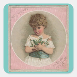 Vintage Girl with Flowers Sticker Fyrkantigt Klistermärke