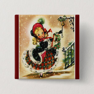 Vintage Girl with Gifts Button Knapp
