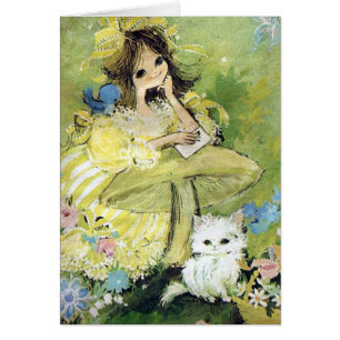 Vintage Girl with Kattunge and Bird Hälsningskort