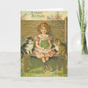 Vintage Girl with Kittens Birthday Card Kort
