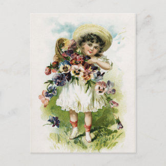 Vintage Girl with Pansies Vykort