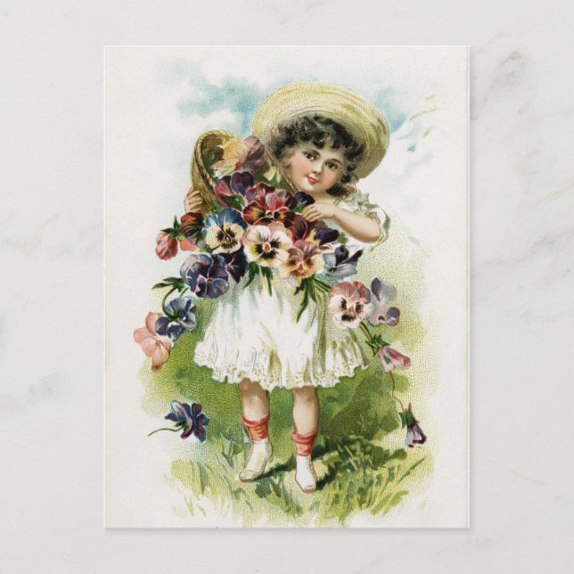 Vintage Girl with Pansies Vykort (Framsida)