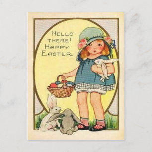 Vintage Girl with Påskhares & Eggs Påsk Helg Vykort