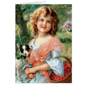 Vintage Girl with Puppy Note Card Hälsningskort