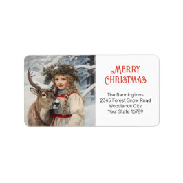 Vintage Girl with Reindeer Return Address Label Adressetikett