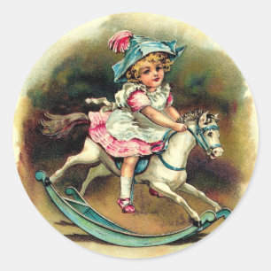 Vintage Girl with Rocking Horse Runt Klistermärke