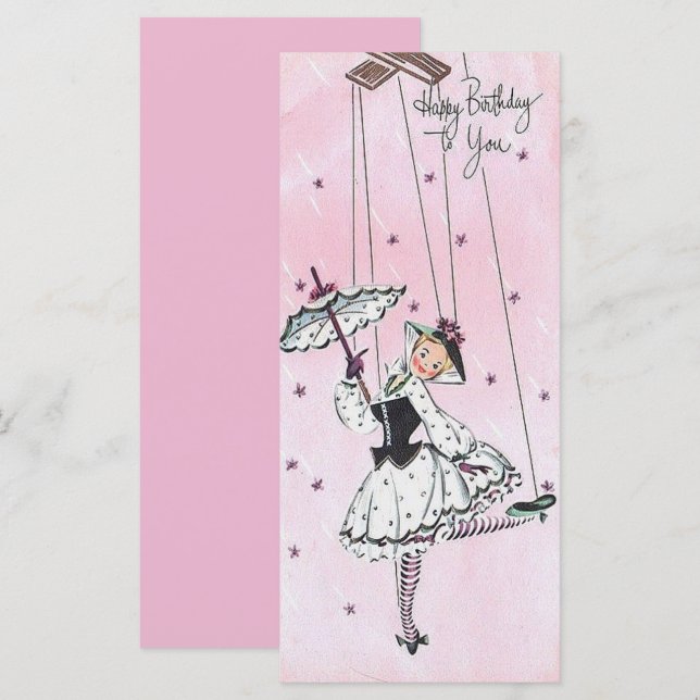 Vintage Girl with Strings Birthday Flattcard (Fram/baksida)