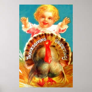 Vintage Girl with Turkey Thanksgiving Poster