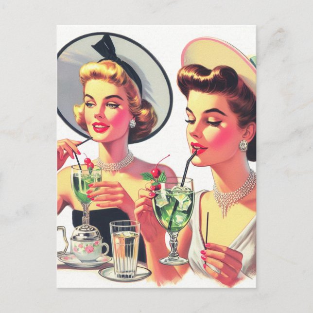 Vintage Girls Drink Illustration Vykort (Framsida)